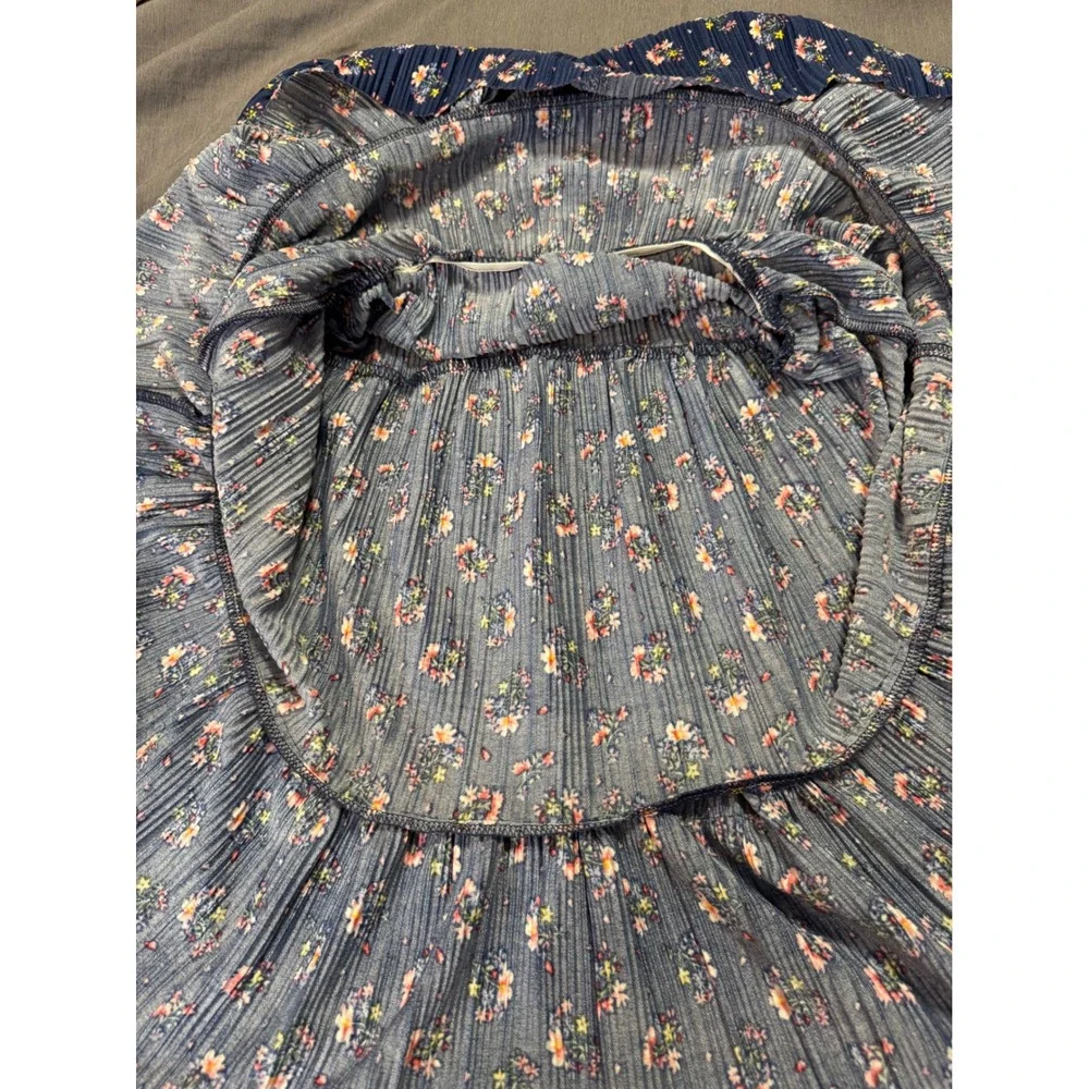 Navy Blue Floral Plissé Pleated Tiered Dress Short Puff Sleeve 4T